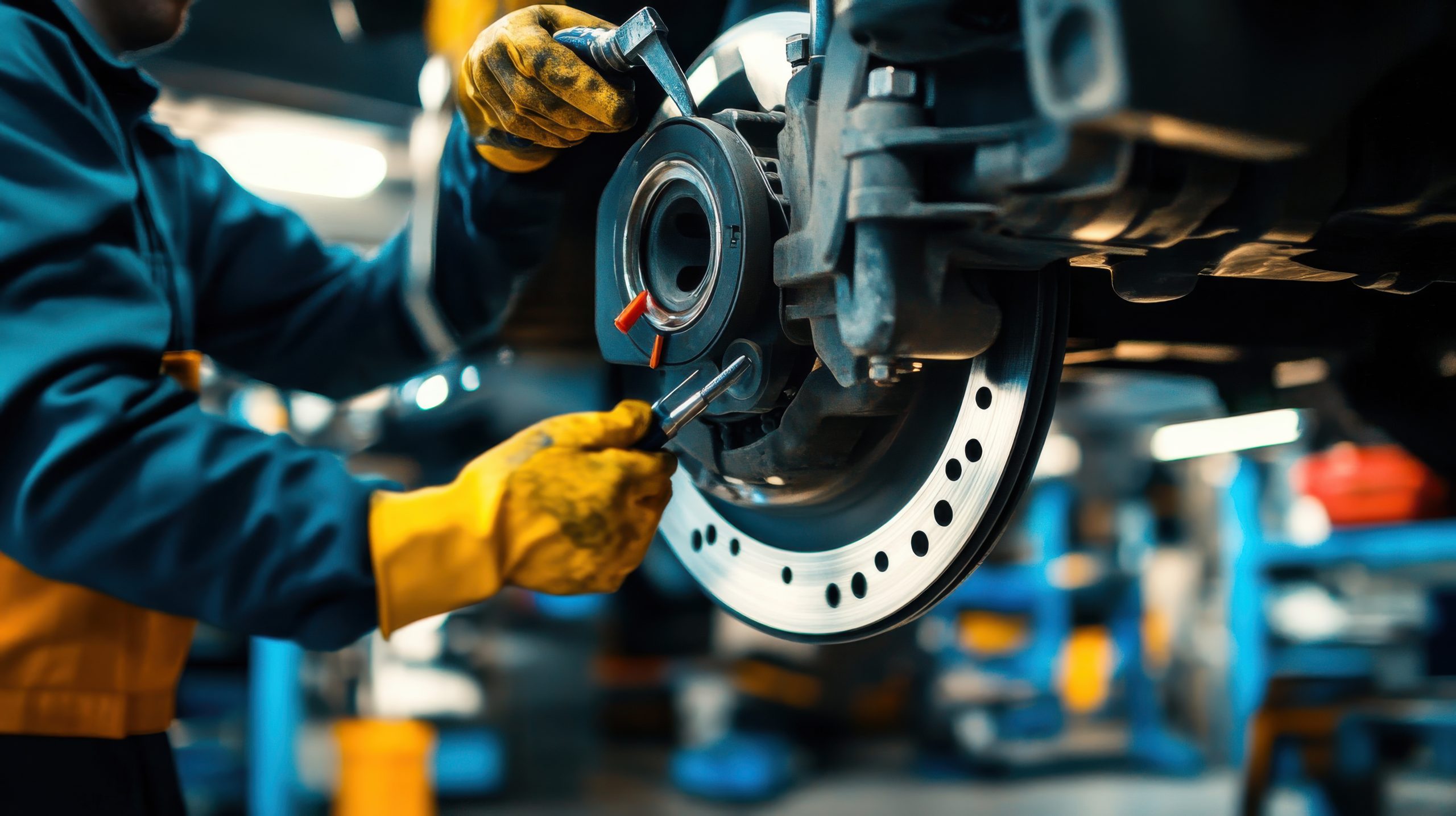 A technician is repairing a brake system in an automotive shop. The mechanic uses a wrench to handle components while wearing protective gloves. Bright workshop lights illuminate the space