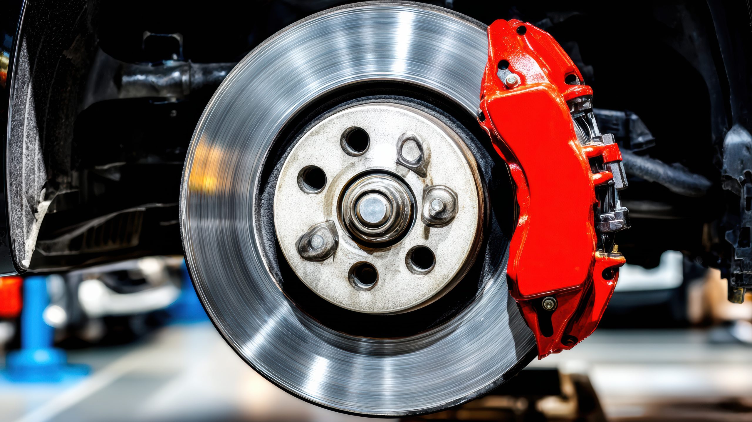 Close up view of a car wheel and brake system in an auto shop during daytime Brake Repair Katy, TX | Northwest Express Auto Care