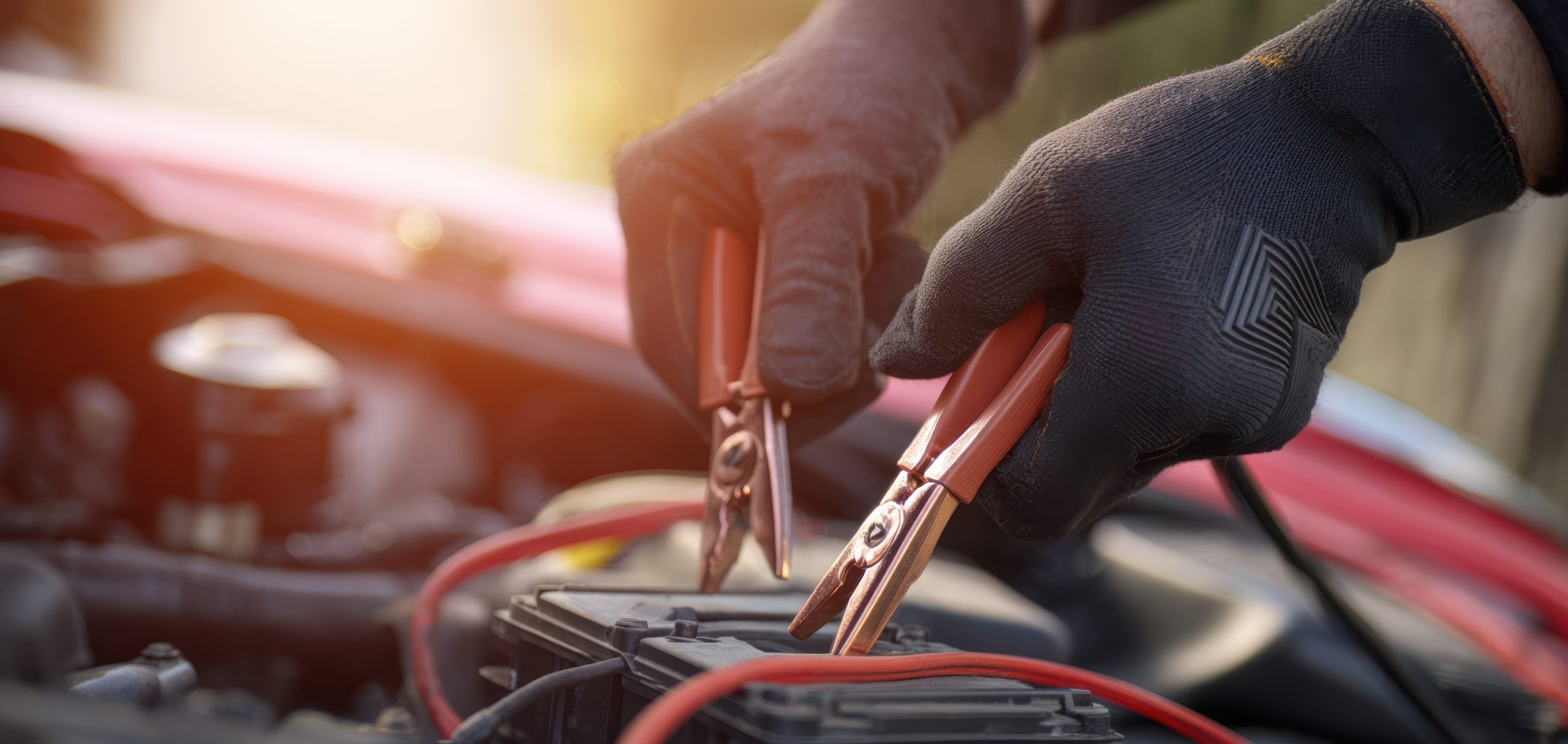 The car battery being jumpstarted with jumper cables by gloved hands under hood