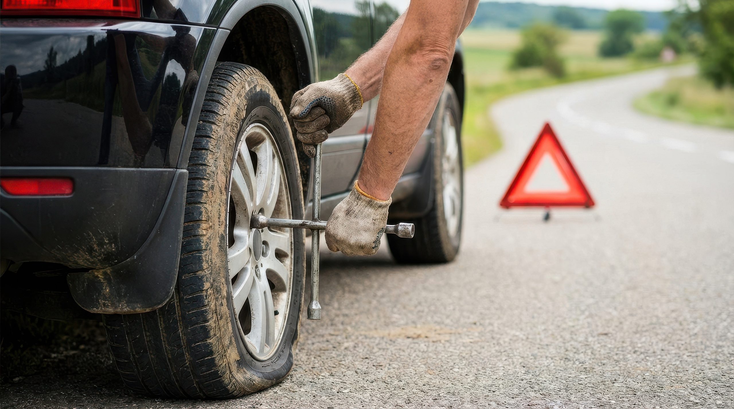 Close-up of hands changing a flat tire on a roadside.