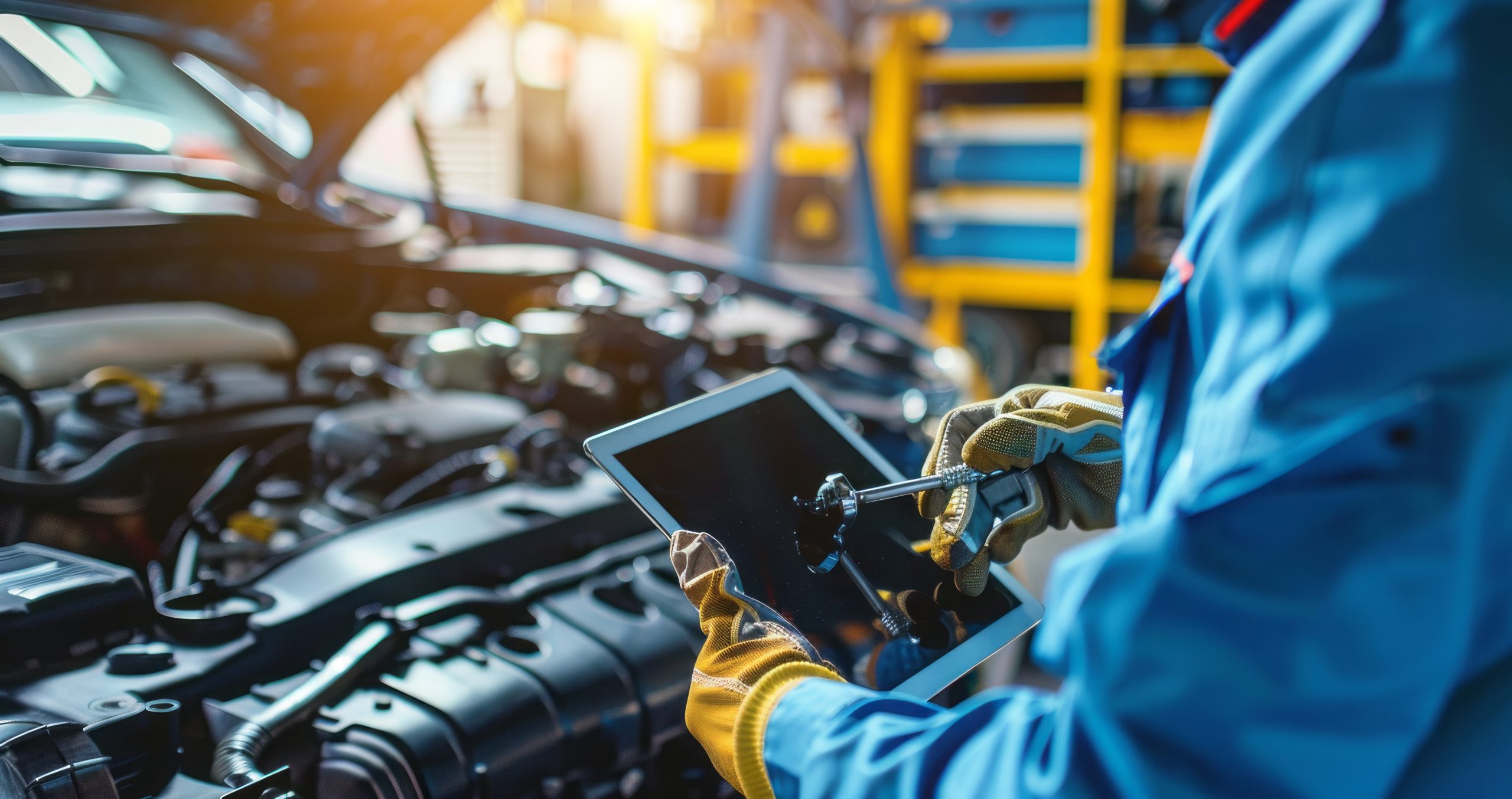 Mechanic fixing cars. Professional diagnostics and car repair service in a garage
