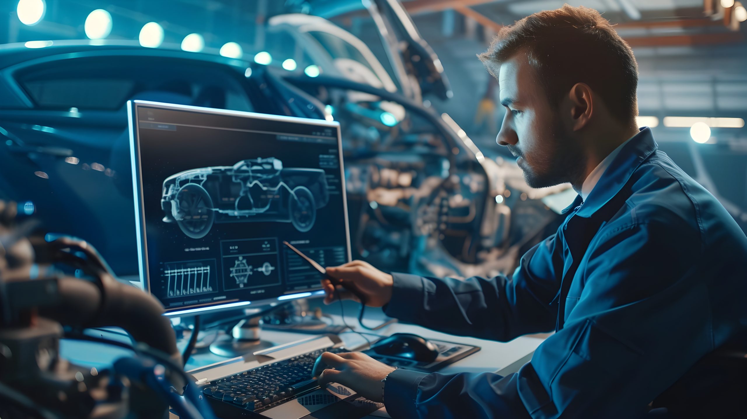 Mechanic Updating Engine Control Module Software for Diagnostics and Maintenance Adobestock 865319590