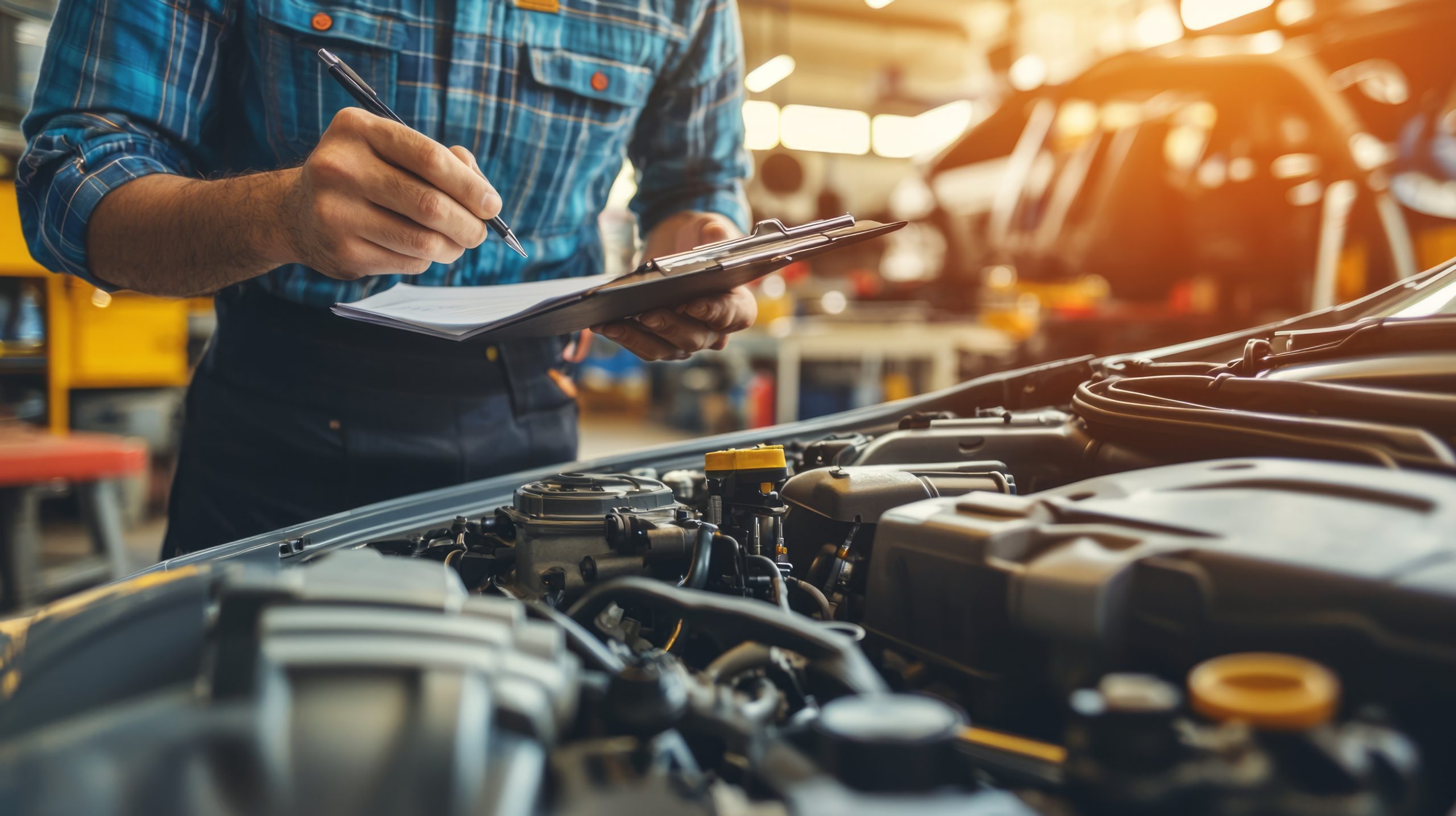 Auto check, car service shop concept. Automobile repairman writing job checklist on clipboard, mechanic checking engine to estimate repair machine, inspecting maintenance by engineer at vehicle garage