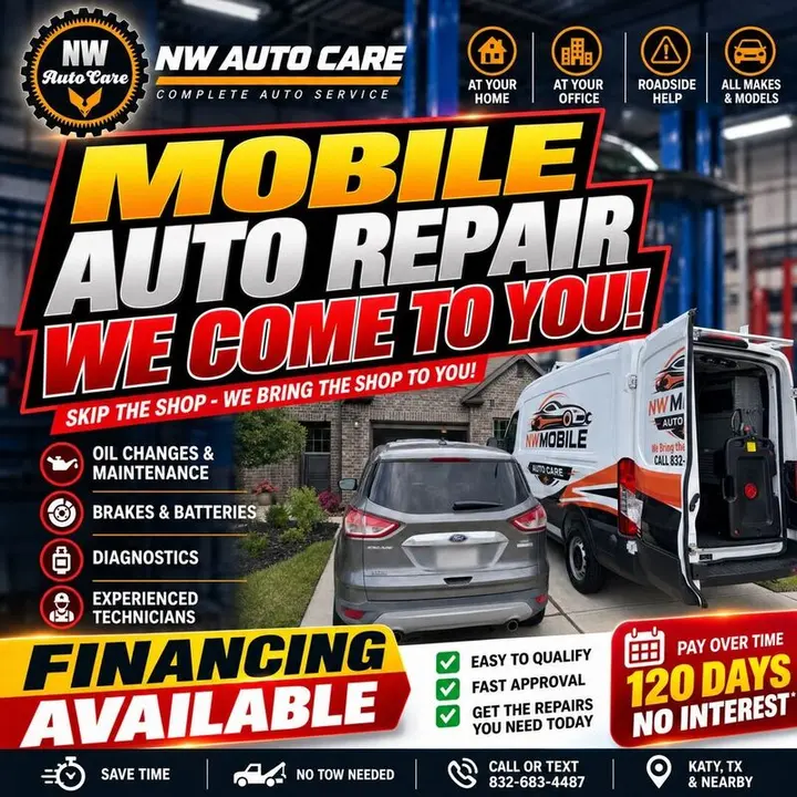 Mobile auto repair in Katy, TX: Northwest Express Auto Care comes to your home, office or roadside, with financing available