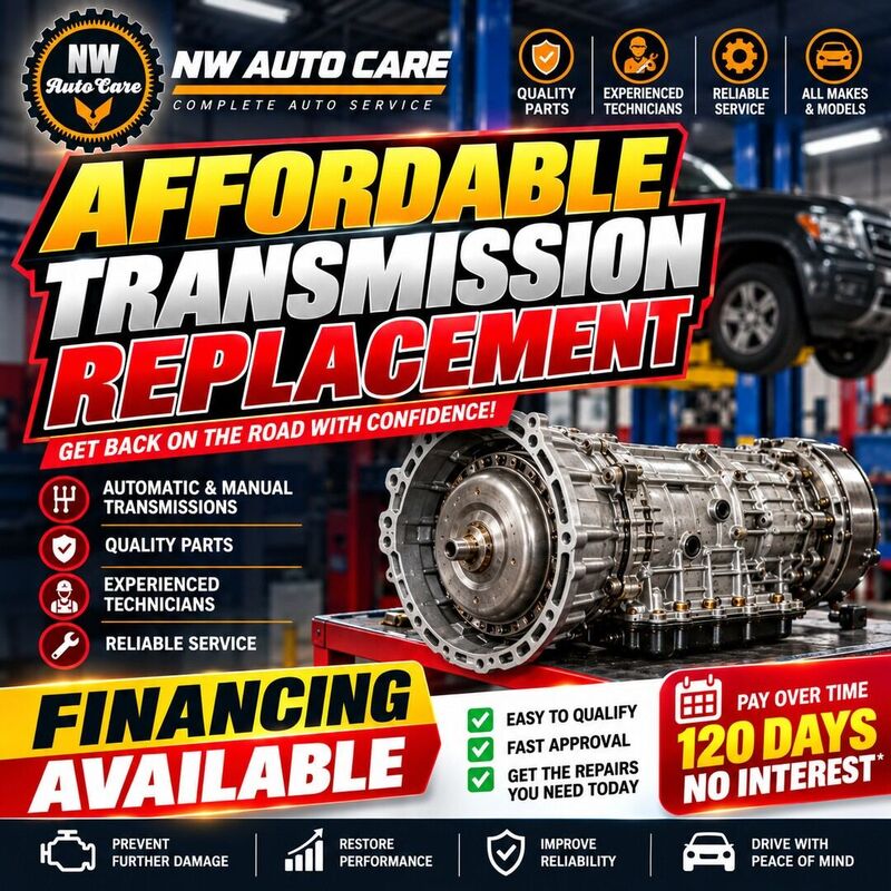 Affordable transmission replacement promo with financing available, 120 days no interest, at Northwest Express Auto Care in Katy, TX